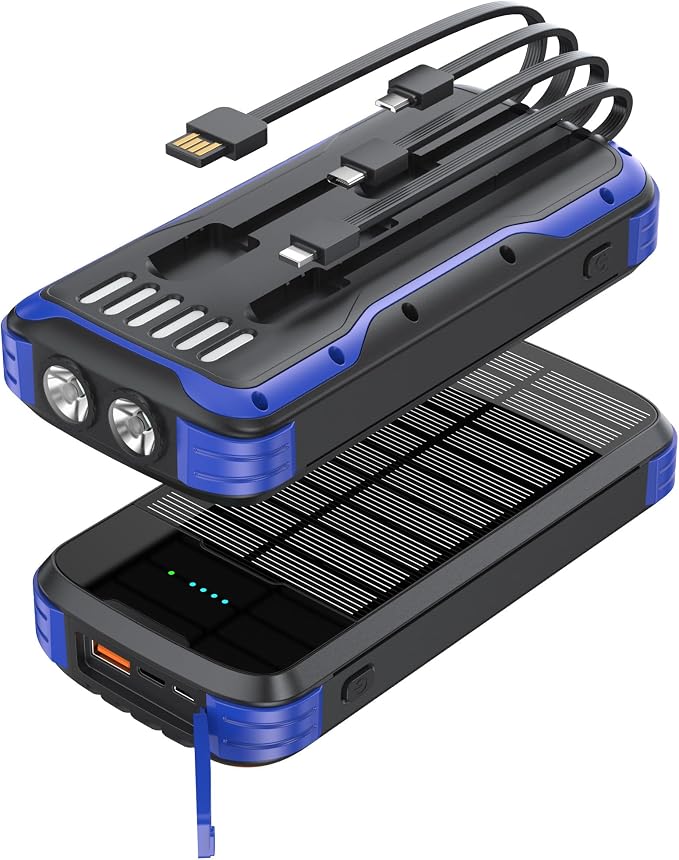 MINRISE Solar Power Bank 40000mAh, Portable Charger PD 20W Fast Charging | Built in 4 Cables and USB-C in/Output,External Battery Pack with Flashlights,for All Cell Phones,for iPad,Camping Essentials