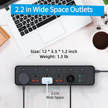 Power Strip with Individual Swtich, 6ft Extension Cord with 5 Universal Outlets and 6 USB (4 USB C), Max 3000w, 110-240v, Multiple Outlets Plug Adapter for Office Travel, EU Plug, Black