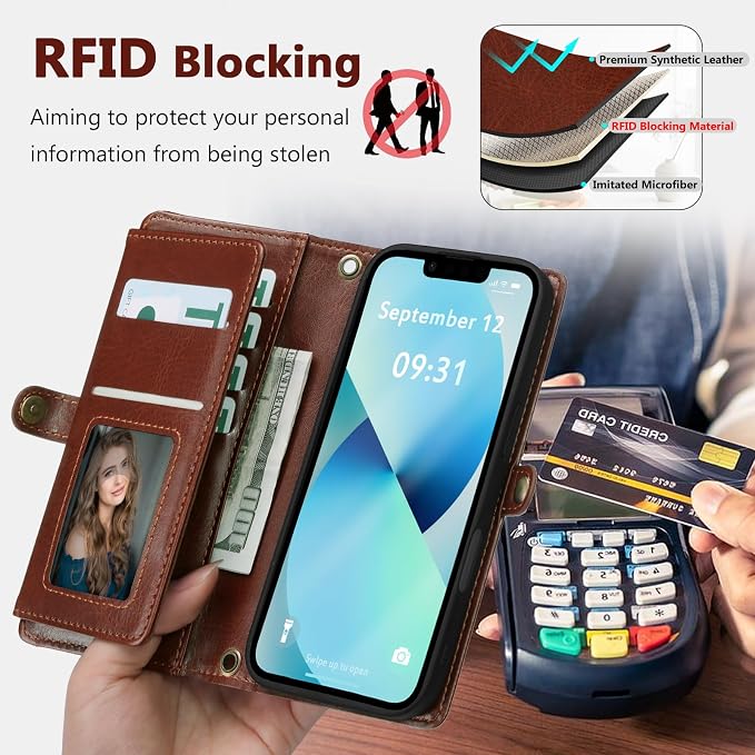 Wallet Case for iPhone 13 with Card Holder/Crossbody Wallet/Strap| RFID Blocking | Magnetic | Kickstand | Detachable | PU Leather Phone Case for iPhone 13,6.1 in,Brown