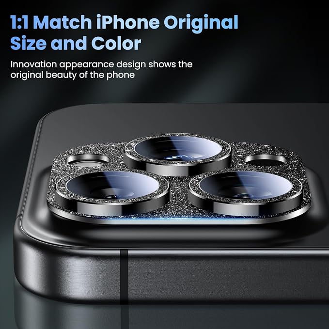 Uyiton Compatible with iPhone 16 Pro/iPhone 16 Pro Max Camera Lens Protector - [Not Easy to Break][Strong Adsorption][Case-Friendly] Metal Tempered Glass Rear Camera Screen Cover - Glitter Black