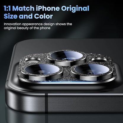 Uyiton Compatible with iPhone 16 Pro/iPhone 16 Pro Max Camera Lens Protector - [Not Easy to Break][Strong Adsorption][Case-Friendly] Metal Tempered Glass Rear Camera Screen Cover - Glitter Black