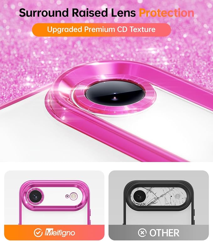 Meifigno Designed for iPhone Air Case with Ring Stand (6.5"), [Built-in Mirror] [Compatible with MagSafe] [Glitter Card & Wrist Strap] Removable Phone Stand +Designed for iPhone 17 Air Case, Hot Pink
