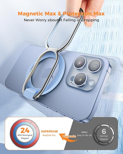 【2025 Upgraded】 Mag Safe Phone Ring Holder, SUPERONE Adjustable Magnetic Kickstand & Removable Phone Grip Compatible with Wireless Charging Only for iPhone 17 & 16 & 15 & 14 & 13 Series - Sierra Blue