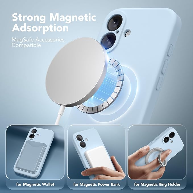 Magnetic for iPhone 16 Plus Case, Compatible with MagSafe, [Full Camera Protection][Screen Protector] Silicone Shockproof Protective Phone Case for iPhone 16 Plus 6.7", Light Blue