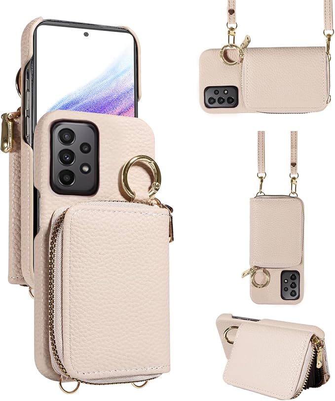 Wallet Case for Samsung Galaxy A53 5G with Shoulder Strap Ring Buckle, PU Leather Zipper Flip Organ Purse, Card Holder Stand Full Body Cell Phone Cover for A 53 G5 53A SM A536U 6.5" 2022 White