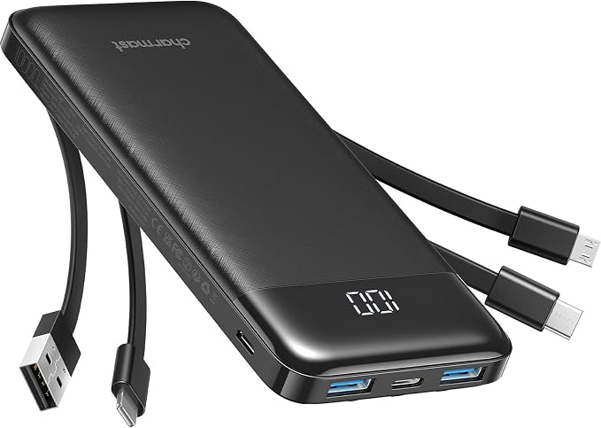 charmast 10000mAh Portable Charger,Built-in 4 Cables,6 Outputs/3 Inputs,3A Fast Charging,Compatible with iPhone,iPad,Samsung,Pixel,LG