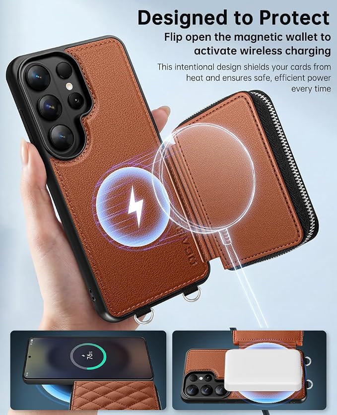 OCASE Compatible with Samsung Galaxy S26 Ultra Crossbody Wallet Case with Card Holder, PU Leather Zipper Handbag Magnetic Phone Purse with RFID Blocking Kickstand Wrist Strap Lanyard, Brown