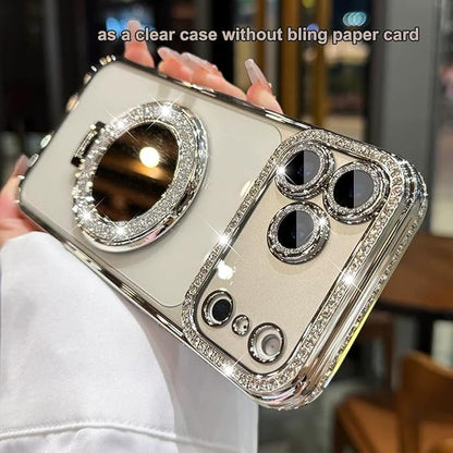 for iPhone 17 Pro Magnetic Kickstand Case, [Compatible with Magsafe] Shockproof Glitter Cute Bling Cover Makeup Mirror Ring Holder Camera Protector for Girls Woman for iPhone 17 Pro, Silver