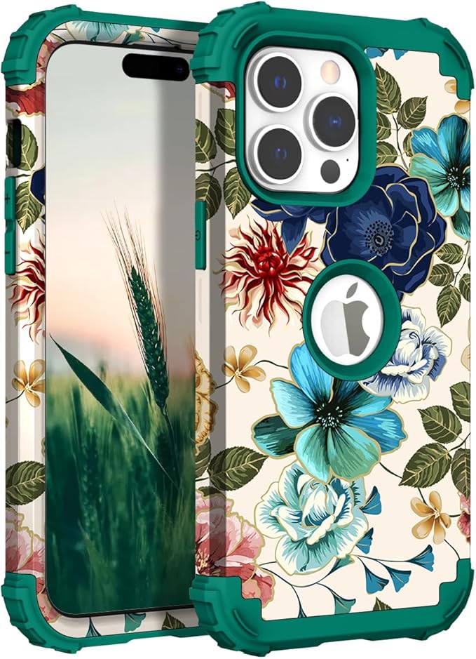 Hocase for iPhone 14 Pro Max Case, Heavy Duty Shockproof Protection Soft Silicone Rubber+Hard Plastic Bumpers Hybrid Protective Case for iPhone 14 Pro Max 2022 - Teal Flowers