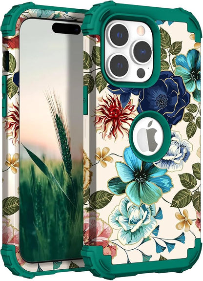 Hocase for iPhone 15 Pro Case, Heavy Duty Shockproof Protection Soft Silicone Rubber Bumper+Hard Plastic Hybrid Protective Case for iPhone 15 Pro 6.1" 2023 - Teal Flowers