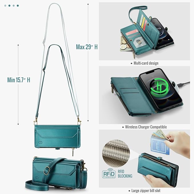 Strapurs Crossbody Wallet Case Compatible with iPhone 17e / iPhone 16e RFID Blocking 7-Card Holder PU Leather Magnetic Snap Shoulder Strap Zipper Pocket Phone Cases for iPhone 17e / 16e - Blue Green