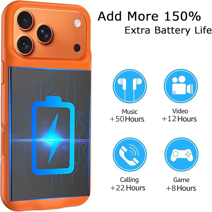 Battery Case for iPhone 17 Pro, 10000mAh Pack Rechargeable Charger Case Support Carplay with Wireless Charging Compatible for iPhone 17 Pro (6.3 inch) External Battery Charging Cover (Orange)