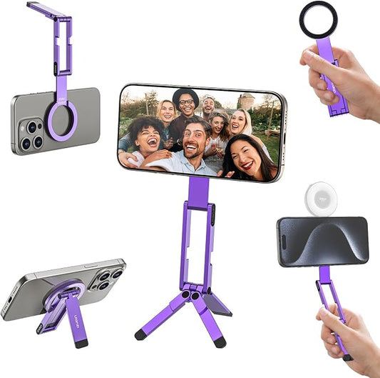 ULANZI MA60 Magnetic Phone Tripod Stand for iPhone - Aluminium Smartphone Mini Tripod Pocket Cell Phone Stand Strong Magnet Quick Mount Compatible with iPhone 16 15 14 13 13 Series, Purple