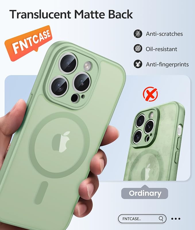 FNTCASE for iPhone 14 Pro Max Case: [Compatible with Magsafe] Translucent Matte Cases with [Full Camera Protection] [Screen Protector] Military Grade Shockproof Protective Phone Cover - Light Moss
