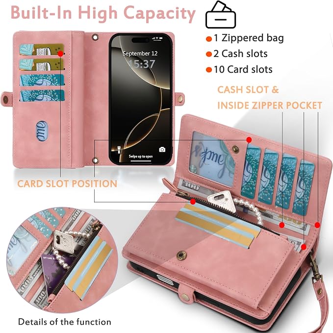 for Wallet Case Compatible with iPhone 15 Pro Max,Multi-Function Detachable 2 in 1 Magnetic iPhone 15 Pro Max Case Wallet,Flip Strap Zipper Card Holder Phone Case with Shoulder Straps (Pink)