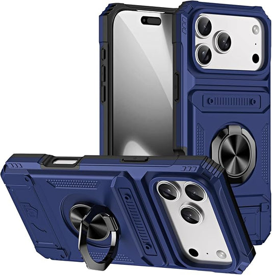 Case for iPhone 17/17 Pro/17 Air/17 Pro Max, Swivel Ring Holder Cover Hidden Card Slot Support Car Mounted Magnetic Suction Shell,17,Blue