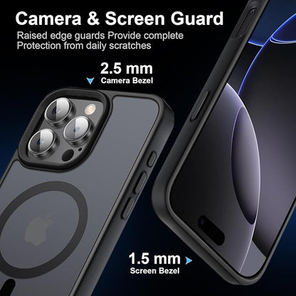 Strong Magnetic Case for iPhone 16 Pro Case [10FT-Grade Drop Tested & Compatible with MagSafe] Translucent Anti-Fingerprint Anti Shockproof Protective Shell 6.3 Inch, Black
