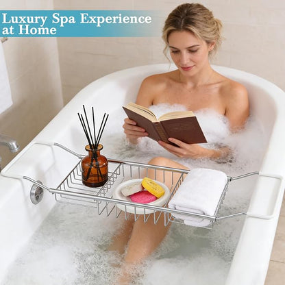 Cabilock Stainless Steel Expandable Bathtub Tray, Chrome Polished Telescopic Bath Tub Shelf, Bathroom Organizer for Soap, Shampoo, Phone and Sundries