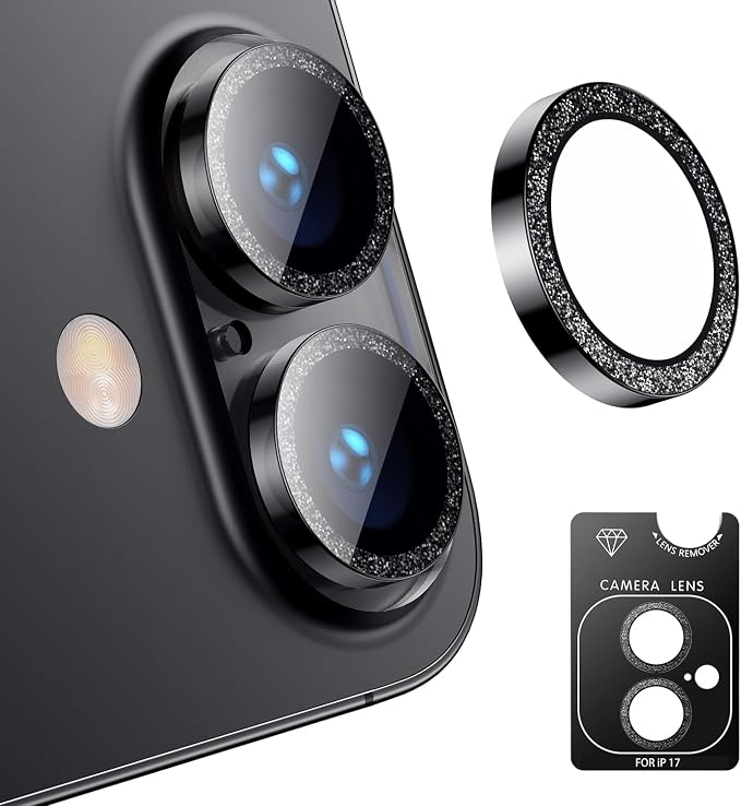AFARER Camera Lens Protector for iPhone 17/16/16Plus,Individual Metal Cover Ring, 9H Tempered Glass Anti-Scratch,Strong Adsorption & Case Friendly [Does not Affect Night Shots] (Glitter Black)