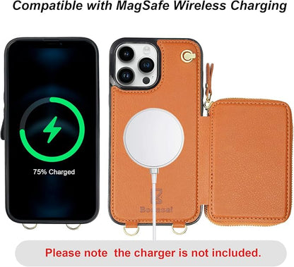 Bocasal for MagSafe Crossbody Wallet Case Compatible with iPhone 13 Pro Max, RFID Blocking Protective Purse Case with Card Slots Holder Kickstand Wrist Strap Lanyard Zipper 6.7 Inch 5G (Brown)