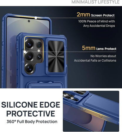 SSLOTSCASE for Samsung Galaxy S25 Ultra Case with Stand & Credit Card Holder & Sliding Camera Cover, Full-Body Drop Proof TPU Soft Silicone Edge Protective Case Cover for Galaxy S25 Ultra 6.9‘’, Blue