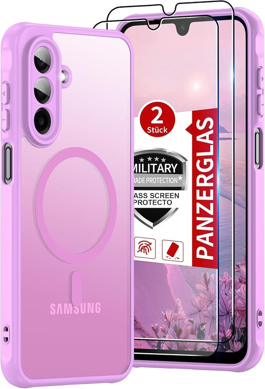 Compatible for Samsung Galaxy A17 5G Phone Case: A17 Case [Mag-Safe Fit] with 2PC Tempered Glass Screen Protector,Matte Translucent Soft-Touch Skin/Full Body Protection for Cell Phone A 17 Cover,Pink