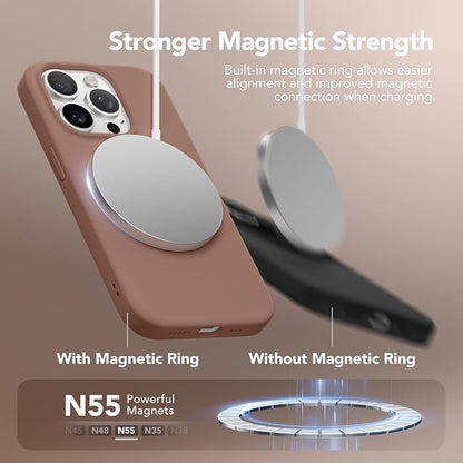 GONEZ Magnetic for iPhone 15 Pro Case, Compatible with MagSafe, [Screen Protector + Camera Lens Protector], Silicone Shockproof Anti-Scratch Protective Phone Case 6.1 inch, Brown
