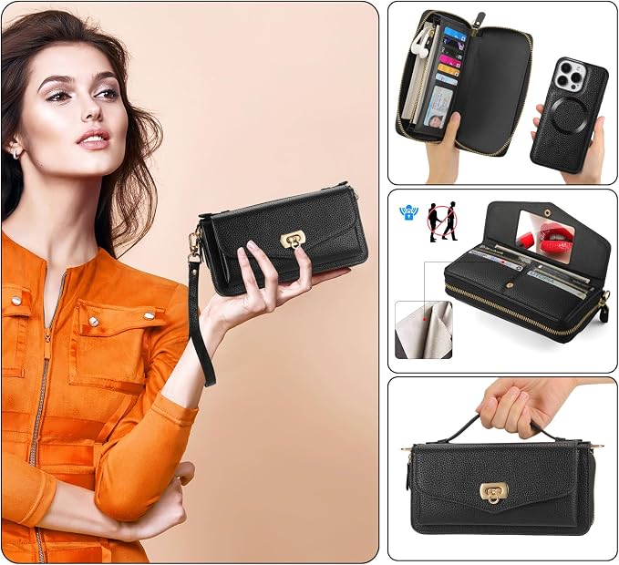 Crossbody Wallet Case for iPhone 16 Pro 6.3", Magnetic Detachable Floral PU Leather Phone Case with RFID Blocking Card Holder Wristlet Mirror Flip Zipper Shoulder Purse for Women - Black B
