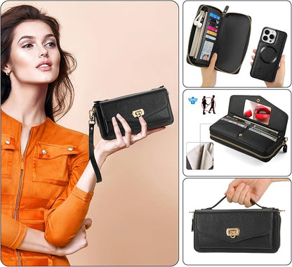 Crossbody Wallet Case for iPhone 16 Pro 6.3", Magnetic Detachable Floral PU Leather Phone Case with RFID Blocking Card Holder Wristlet Mirror Flip Zipper Shoulder Purse for Women - Black B
