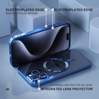 Misea Magnetic for iPhone 15 Pro Max Case with MagSafe [Never Yellowing] [Military Grade Drop Protection] Full Camera Lens Protector Plating Soft Clear Phone Case for Women Girls, Deep Blue