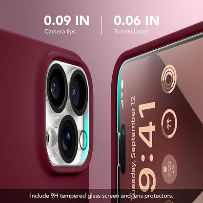 GONEZ for iPhone 14 Pro Max Case Silicone, Compatible with MagSafe, with Screen Protector + Camera Lens Protector, Liquid Silicone Shockproof Protective Phone 14 ProMax Case 6.7", Maroon