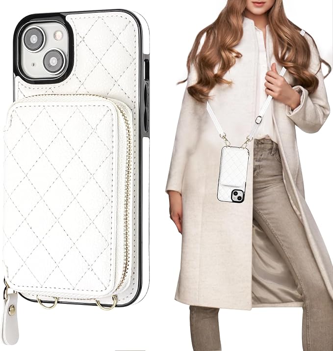 Bocasal Crossbody Wallet Case for iPhone 15 Plus, RFID Blocking PU Leather Zipper Handbag Purse Flip Cover, Kickstand Folio Case with Card Slots Holder Wrist Strap Lanyard 5G 6.7 Inch (White)