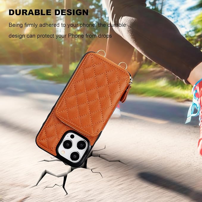 Bocasal Crossbody Wallet Case for iPhone 15 Pro Max, RFID Blocking PU Leather Zipper Handbag Purse Flip Cover, Kickstand Folio Case with Card Slots Holder Wrist Strap Lanyard 5G 6.7 Inch (Brown)