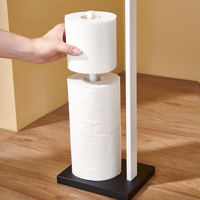 Freestanding Toilet Paper Holder Stand–Stainless Steel Bathroom Tissue Holder with Storage Tray & Roll Organizer (White & Black)