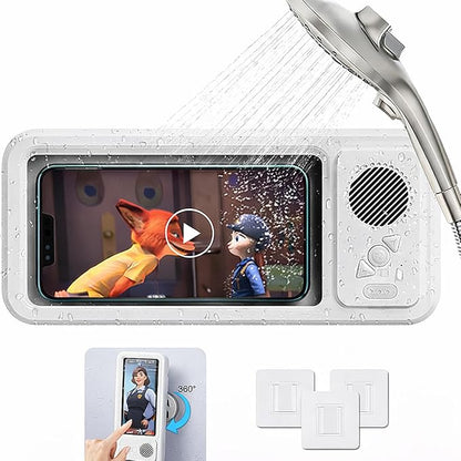 Shower Phone Holder Waterproof with Bluetooth Speaker | 2026 New IPX6 Anti-Fog, 480° Rotatable | Bathroom Case with Speaker Holes | Fits 4-7" Cell Phones & iPhone | Bathroom Wall Mirror