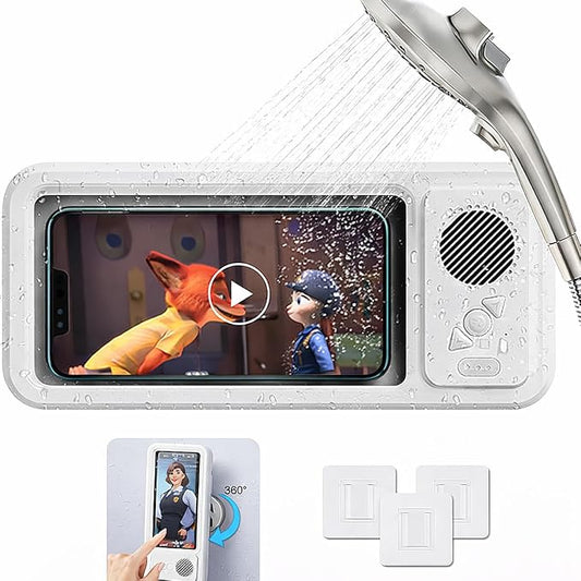 Shower Phone Holder Waterproof with Bluetooth Speaker | 2026 New IPX6 Anti-Fog, 480° Rotatable | Bathroom Case with Speaker Holes | Fits 4-7" Cell Phones & iPhone | Bathroom Wall Mirror
