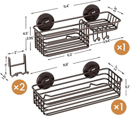 LEVERLOC Shower Caddy Suction Cup, 2 Pack Shelves for Inside with Hooks and Soap Organizer, NO-Drilling Bathroom Holder, Rustproof Meatl Bathroom Basket, Brown