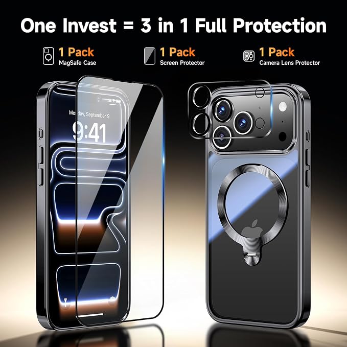 [Tri-Shield Protection] for iPhone 17 Pro Case with 360° Spin Stand Compatible with MagSafe [Magnetic CD Ring] [Screen & Camera Lens Protector] Shockproof Plating Never-Yellowing, Black-6.3"