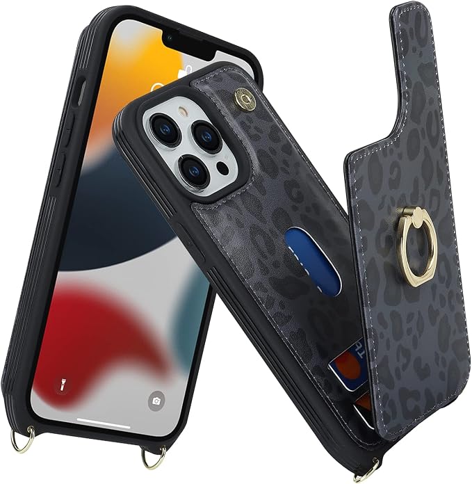 Lipvina for iPhone 13 Pro Case with Card Holder and Strap for Women,Crossbody Lanyard,RFID Blocking,Kickstand Ring Stand,Snap Clasp,Cute Phone Wallet Cases 6.1 inch(Black Leopard)