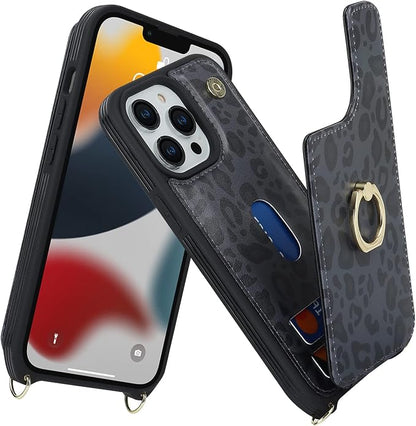 Lipvina for iPhone 13 Pro Case with Card Holder and Strap for Women,Crossbody Lanyard,RFID Blocking,Kickstand Ring Stand,Snap Clasp,Cute Phone Wallet Cases 6.1 inch(Black Leopard)