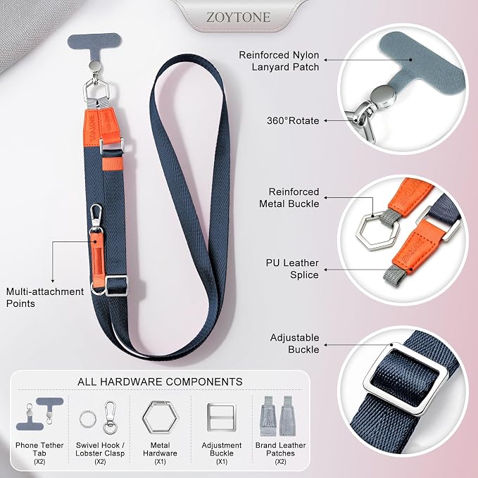 Phone Lanyard Crossbody with 2 Phone Tabs, Adjustable Anti Theft Phone Strap for iPhone & Android, Universal Skin-Friendly Cell Phone Neck Lanyard for Travel Hiking Cycling Shopping (Blue)