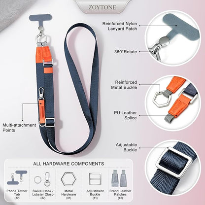 Phone Lanyard Crossbody with 2 Phone Tabs, Adjustable Anti Theft Phone Strap for iPhone & Android, Universal Skin-Friendly Cell Phone Neck Lanyard for Travel Hiking Cycling Shopping (Blue)