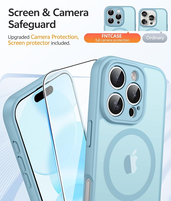 FNTCASE for iPhone 16 Pro Max Case, Fit for Magsafe, Glass Screen Protector | Full Camera Protection, Translucent Matte, 14FT Military Grade Drop Proof, Shockproof Protective Phone Cover, Teal
