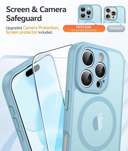 FNTCASE for iPhone 16 Pro Max Case, Fit for Magsafe, Glass Screen Protector | Full Camera Protection, Translucent Matte, 14FT Military Grade Drop Proof, Shockproof Protective Phone Cover, Teal