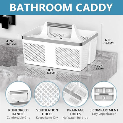 BYUNER 2Pack Shower Caddy Dorm: Portable Bathroom Caddy Organizer with Handle and Holes, Plastic Cleaning Caddy, Hard Shower Basket Storage Tote for Toiletry, College Dorm Room Essentials White/Silver