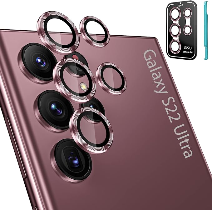 Tensea [3+2PCS for Samsung Galaxy S22 Ultra Camera Lens Protector, 9H Tempered Glass Camera Cover Screen Protector Metal Individual Ring, S22 Ultra 5G 2022 [Installation Tray][Removal tool]-Burgundy