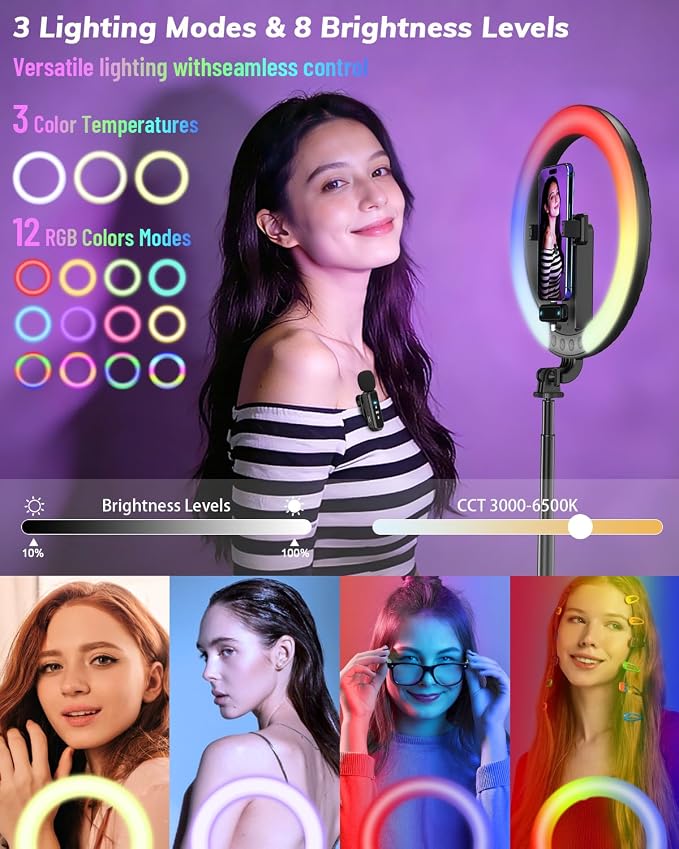 Vlogging Kit for iPhone/Android - 10" Selfie Ring Light with 74" Tripod Stand & Phone Holder, Tripod for iPhone with Light and Microphone, YouTube Starter Kit for TikTok/Makeup/Content Creator