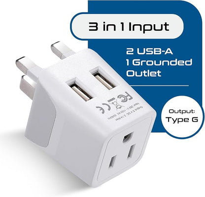 Ceptics UK Plug Adapter, 3 in 1 with Dual USB for UAE, Ireland, Hong Kong | Plug Adapter Type G, Type G Travel Adapter for London, Hong Kong & Ireland, Grounded Power Adapter for Laptops & Cameras