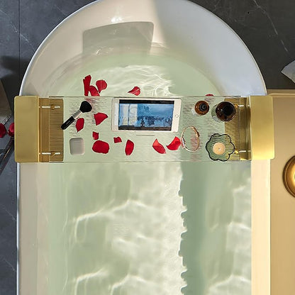 Acrylic Bathtub Caddy Tray, Expandable Bathtub Tray with Gold Handles, Reading Rack Tablet Holder Holds Phone, Books, Candles, Food, Wine and Tablet(70cm/27.5inch, Ripple)