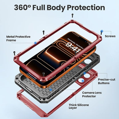 Mitywah Waterproof Case for iPhone 17 Pro, Rugged Metal Case with Built-in Screen Protector, Heavy Duty Full Body Shockproof Protective Cover 6.3 inch, Red
